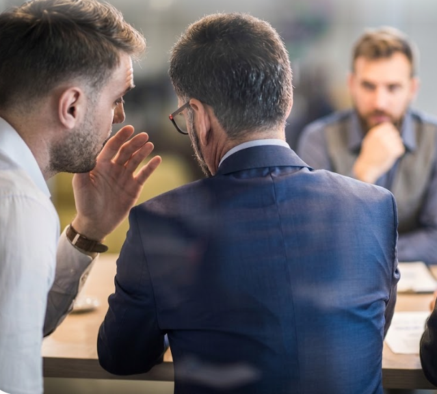 Professional interpreter whispering a translation into a businessman's ear during a small-scale meeting